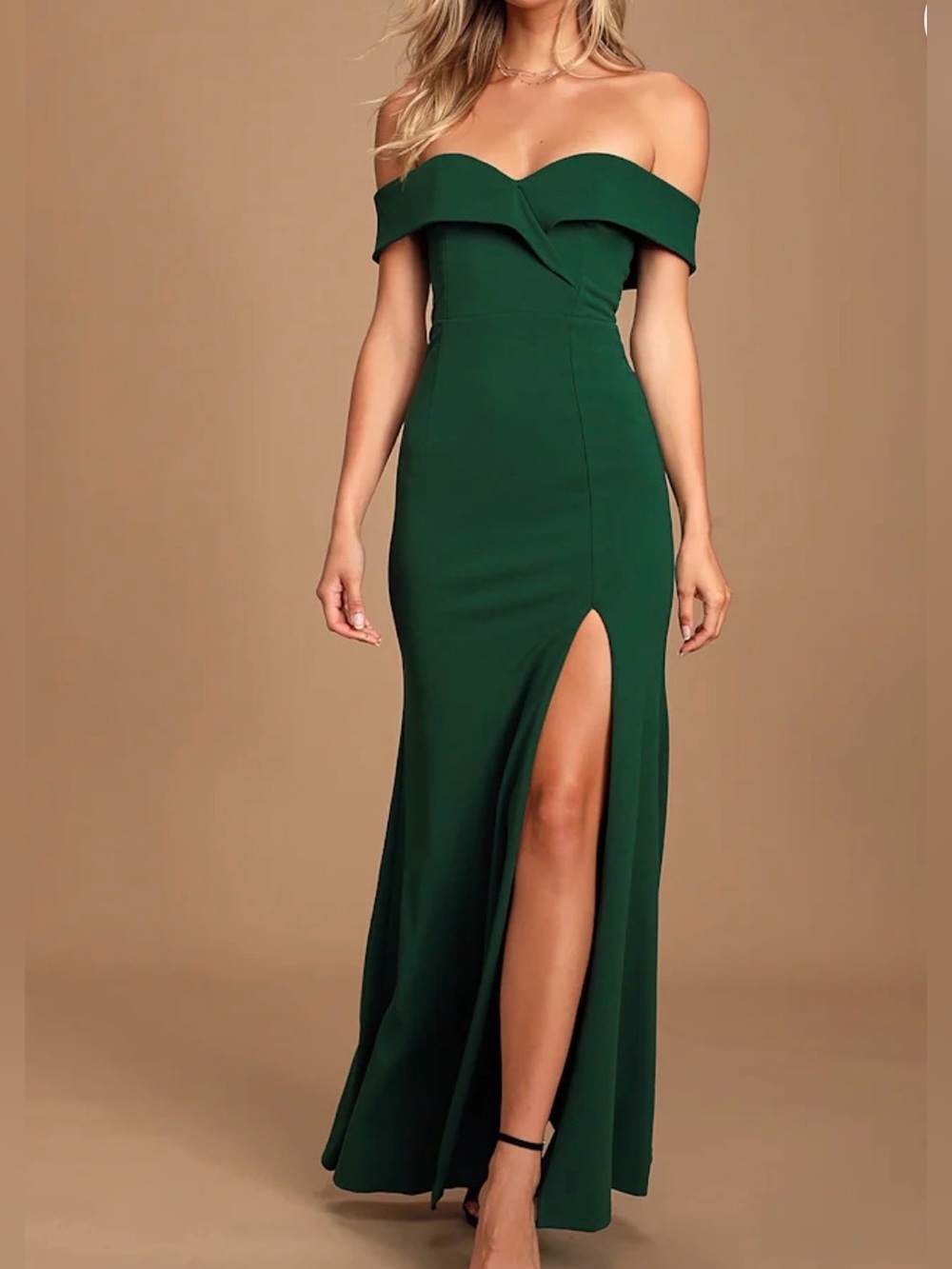 LG - Lulus Song of Love Hunter Green Off-the-Shoulder Maxi Dress (used 1x)